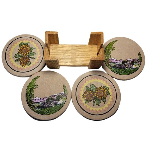 Absorbent Stone 4 Coaster Set With Oak Wood Holder Ducks and Sunflowers - Picture 2 of 7